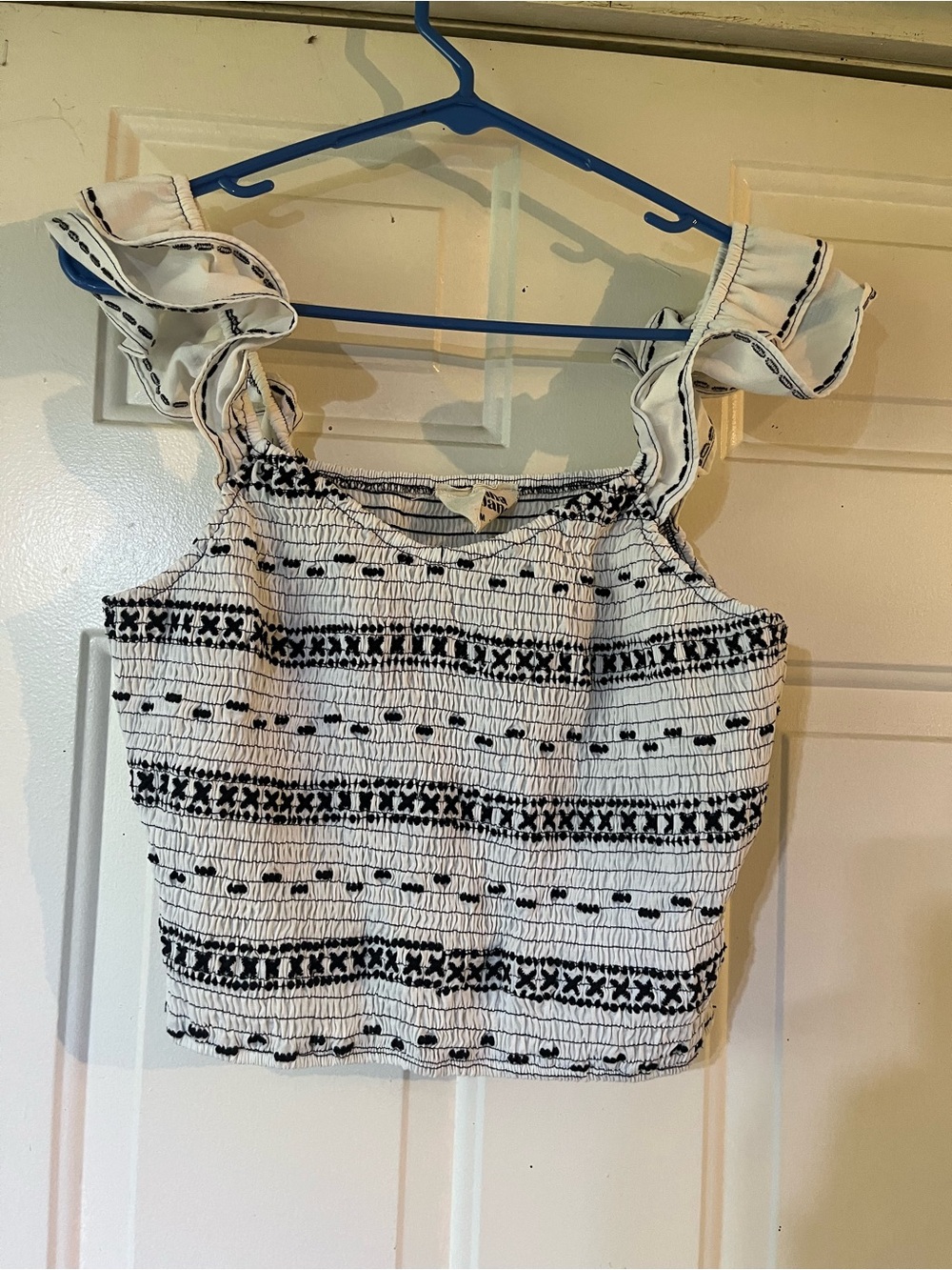 Savanna Jane White Crop Top with Black Embroidered Stripes and Ruffle Straps